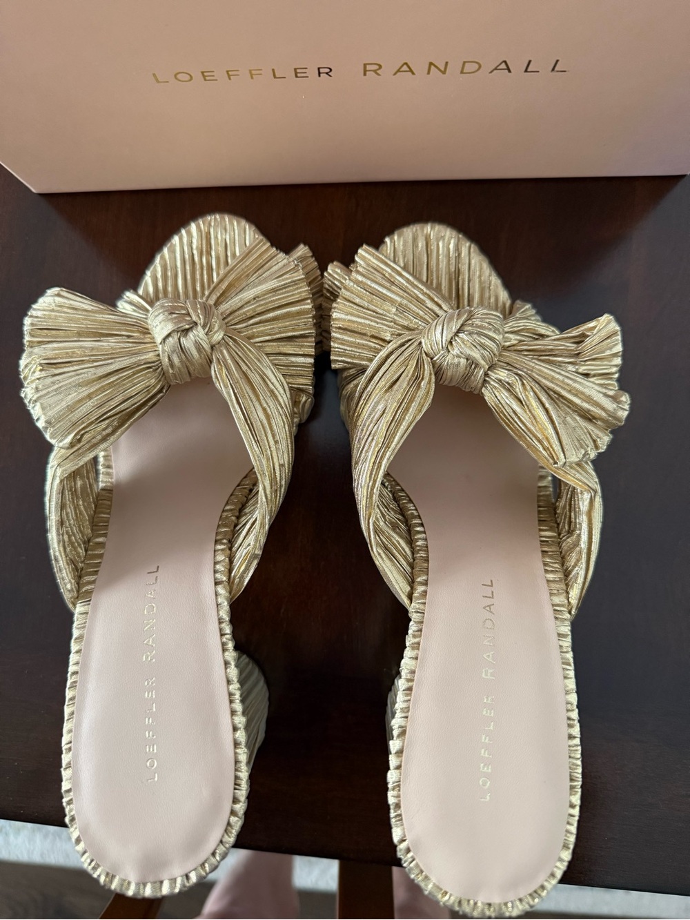 Loeffler Randall Metallic Gold Bow Mule Slides